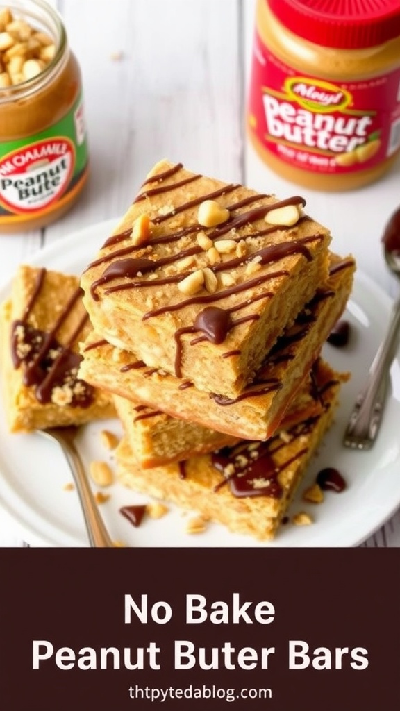 Stacked no-bake peanut butter bars with chocolate drizzle, on a wooden surface with peanut butter jar.